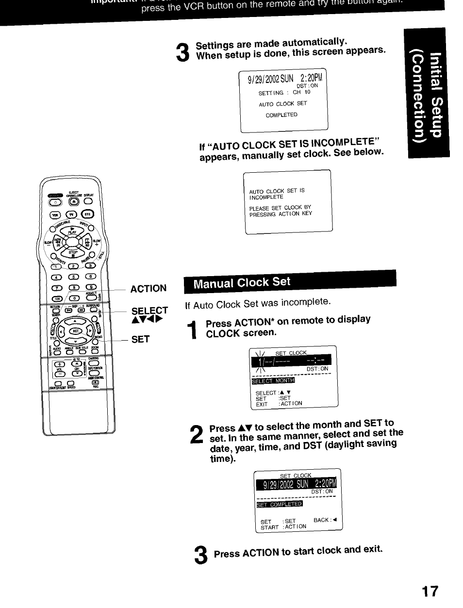 Manual clock set, Sclccr i ^ awo, Action | If auto clock set was incomplete, P^ggg, On remote to display i clock screen. press, 0press action to start clock and exit | Panasonic PV-D4752 User Manual | Page 17 / 60
