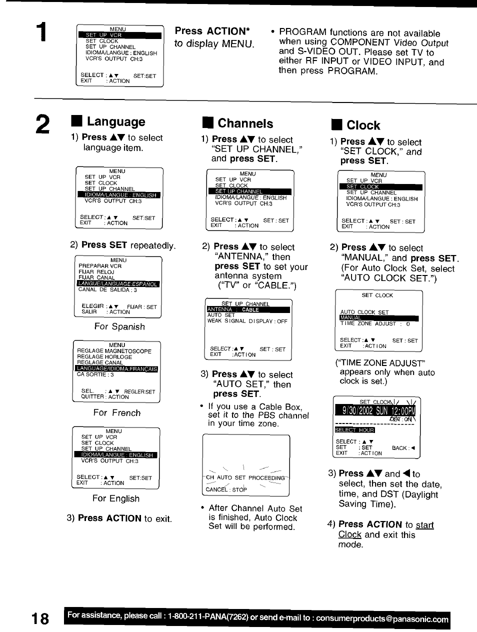 Press action* to display menu, Mbmmtmmmdmi, Stoh | Language, Channels, Clock, Cancel | Panasonic PV-D4752 User Manual | Page 18 / 60