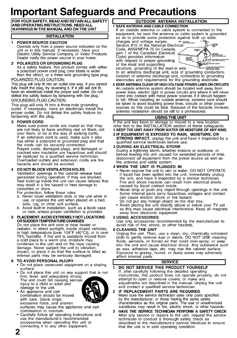Important safeguards and precautions | Panasonic PV-D4752 User Manual | Page 2 / 60