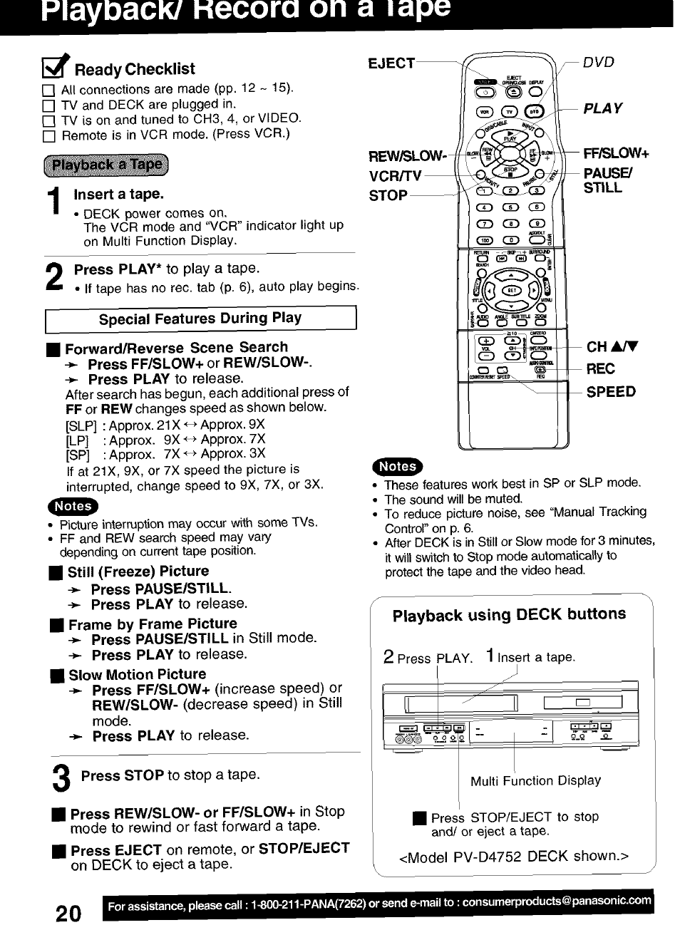 Ready checklist, Playback using deck buttons, Playdack/ kecora on a lape | Panasonic PV-D4752 User Manual | Page 20 / 60