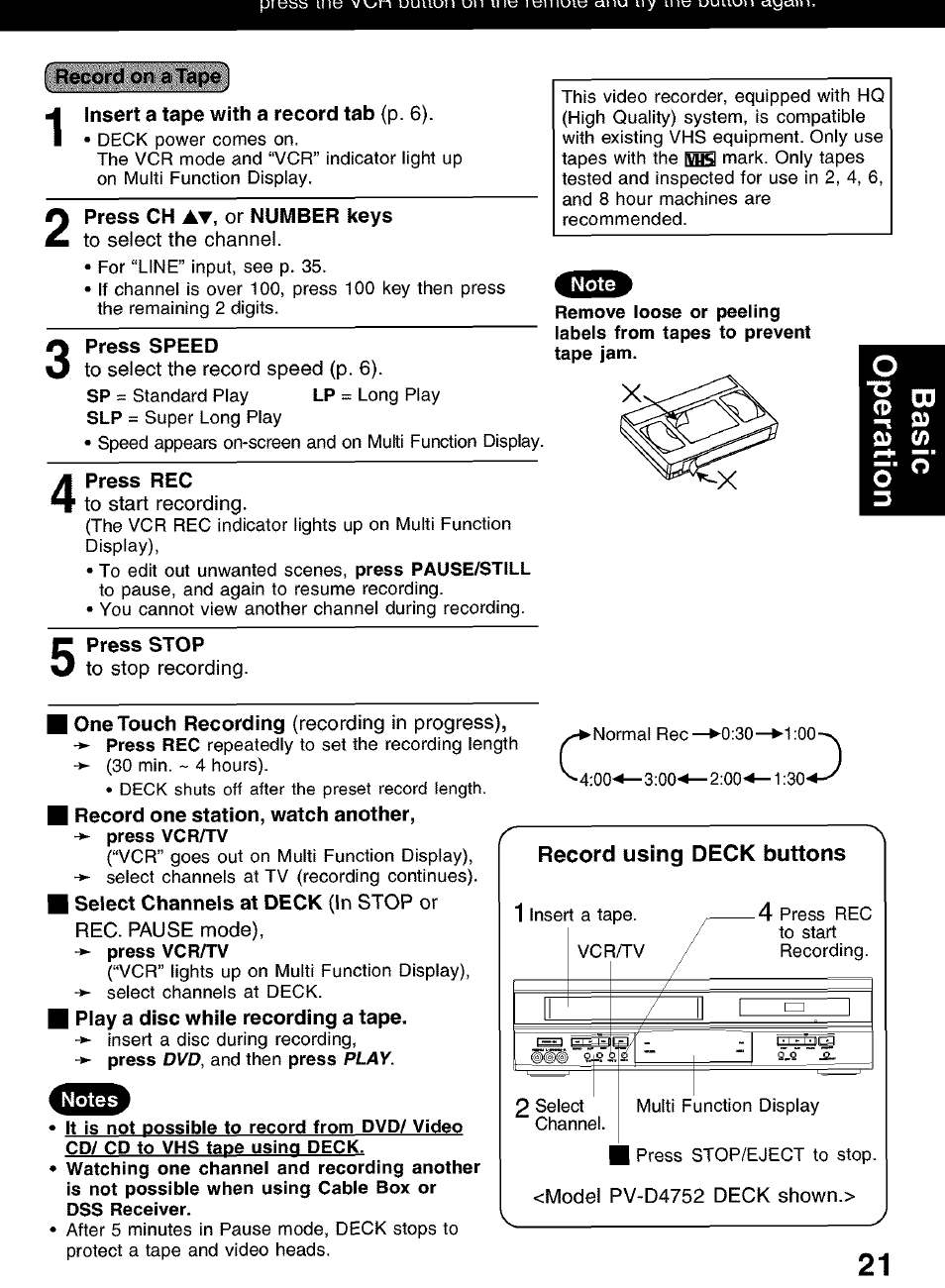 Record using deck buttons, R. è | Panasonic PV-D4752 User Manual | Page 21 / 60