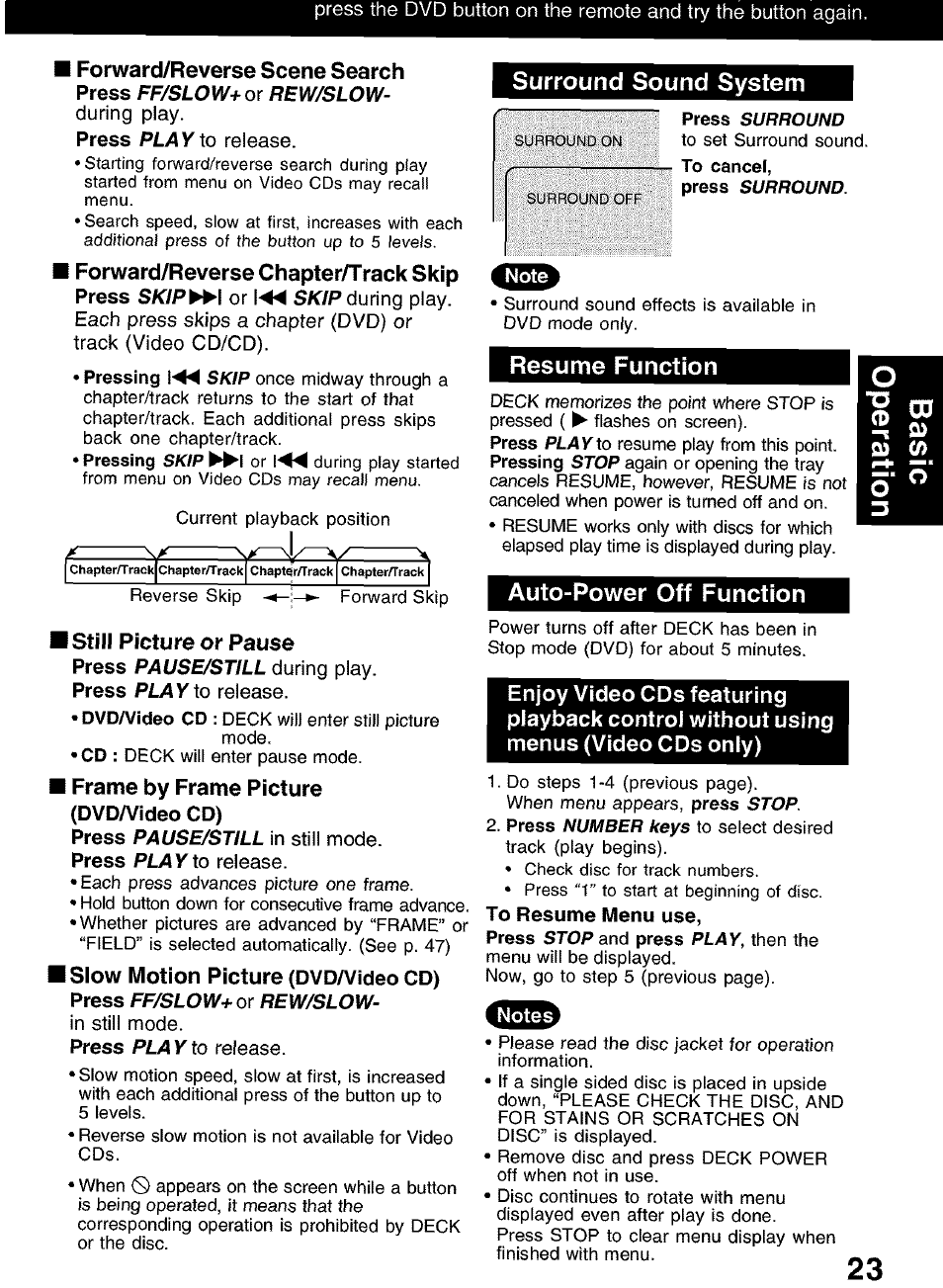 Surround sound system, I frame by frame picture (dvd/video cd), Resume function | Auto-power off function, Forward/reverse scene search, Ff/slow+or rew/slow, Play, I forward/reverse chapter/track skip, Sk/p^i, Still picture or pause | Panasonic PV-D4752 User Manual | Page 23 / 60