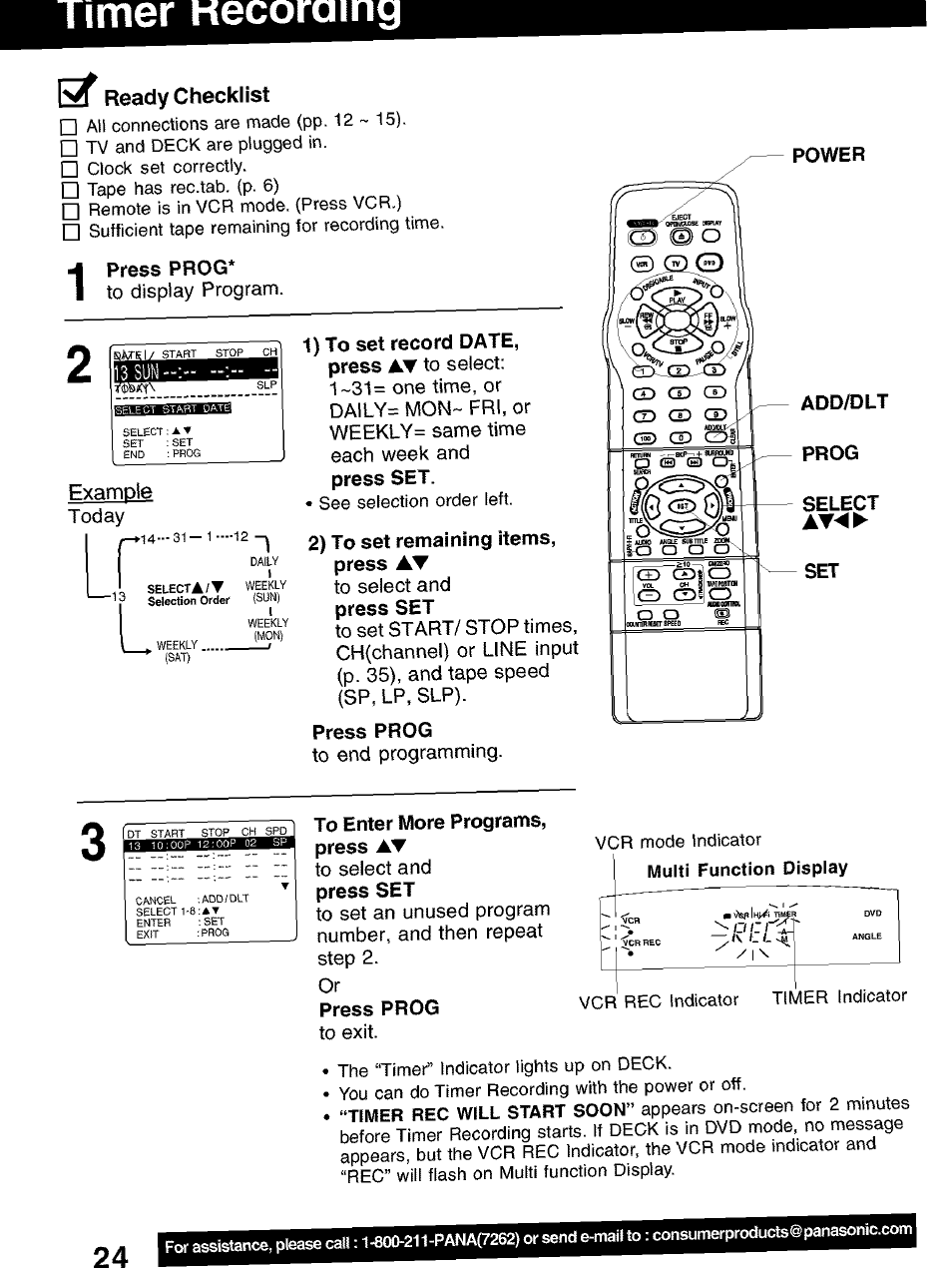 Timer kecoraing, Ready checklist, Press prog* to display program | L\ l | Panasonic PV-D4752 User Manual | Page 24 / 60
