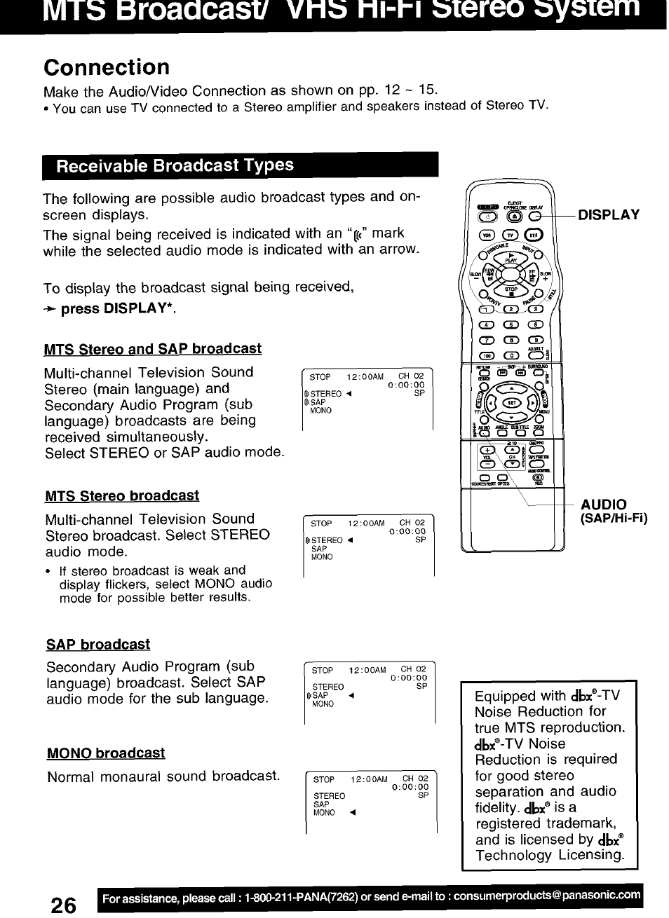 Connection, Receivable broadcast types, Mts broadcast | M-ri stereo sysiem, Ciap, Display audio, Equipped with, Noise reduction for true mts reproduction, Is a registered trademark, and is licensed by, Technology licensing | Panasonic PV-D4752 User Manual | Page 26 / 60