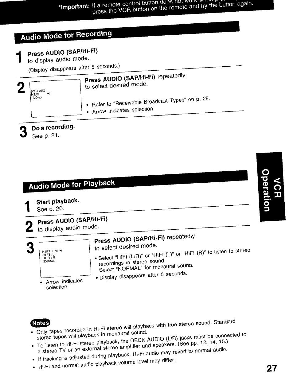 Audio mode for recording, Audio mode for playback | Panasonic PV-D4752 User Manual | Page 27 / 60