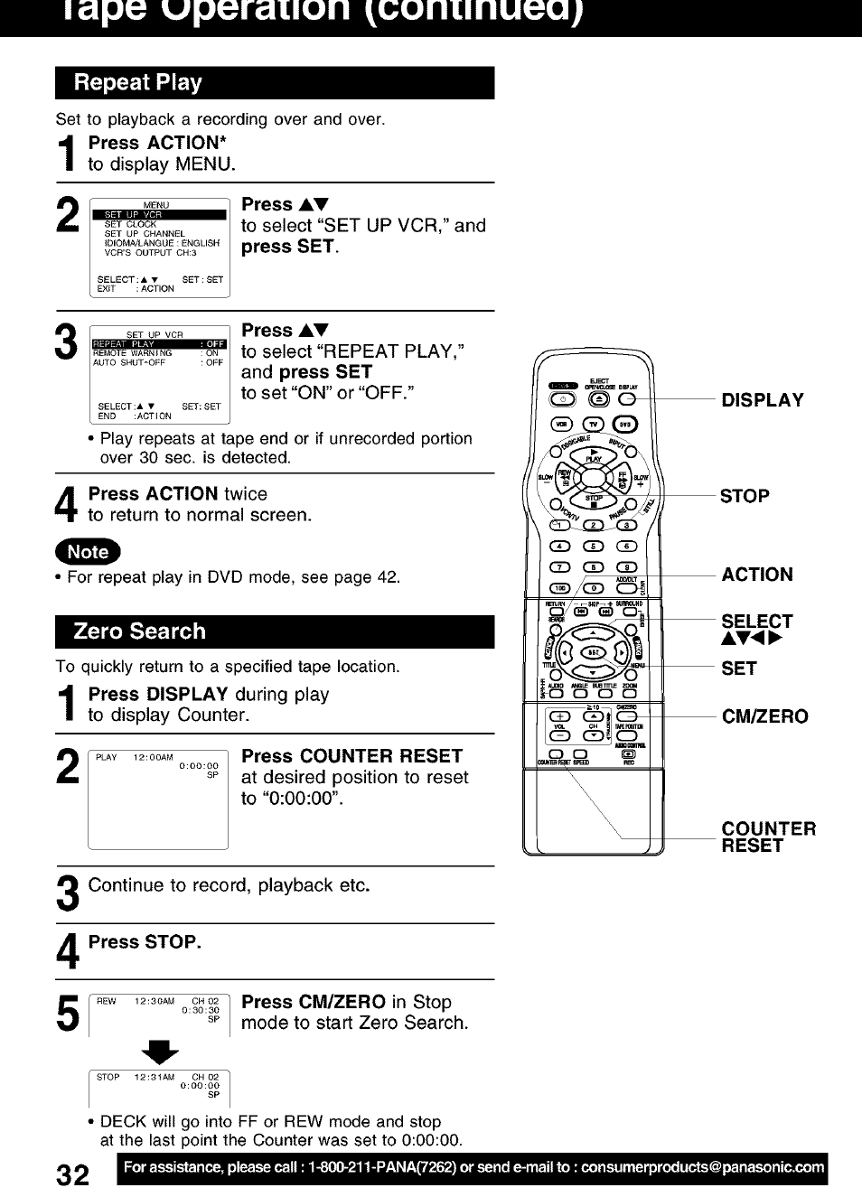 Repeat play, Zero search, I ape uperaiion ^conimuea | Panasonic PV-D4752 User Manual | Page 32 / 60