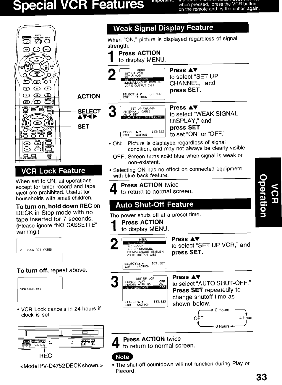 Weak signal display feature, Vcr lock feature, Auto shut-off feature | Special vcr features, Ii 1 1 b, Press at to select “set up channel,” and press set, Press action twice to return to normal screen, Press action to display menu, Press at to select “set up vcr,” and press set, Press action twice to return to normal screen. rec | Panasonic PV-D4752 User Manual | Page 33 / 60