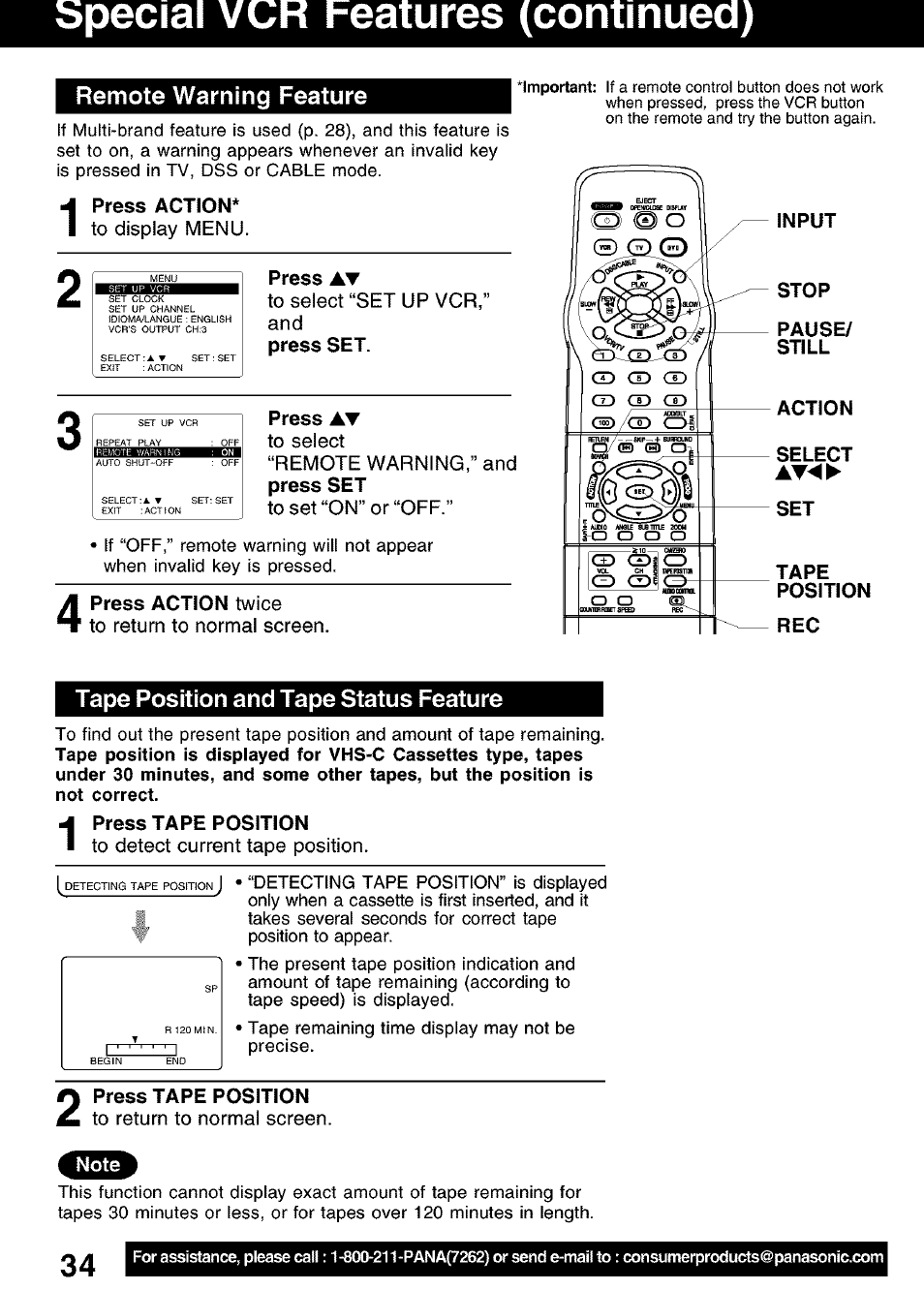 Remote warning feature, Tape position and tape status feature, Special vcr features (continued) | Panasonic PV-D4752 User Manual | Page 34 / 60