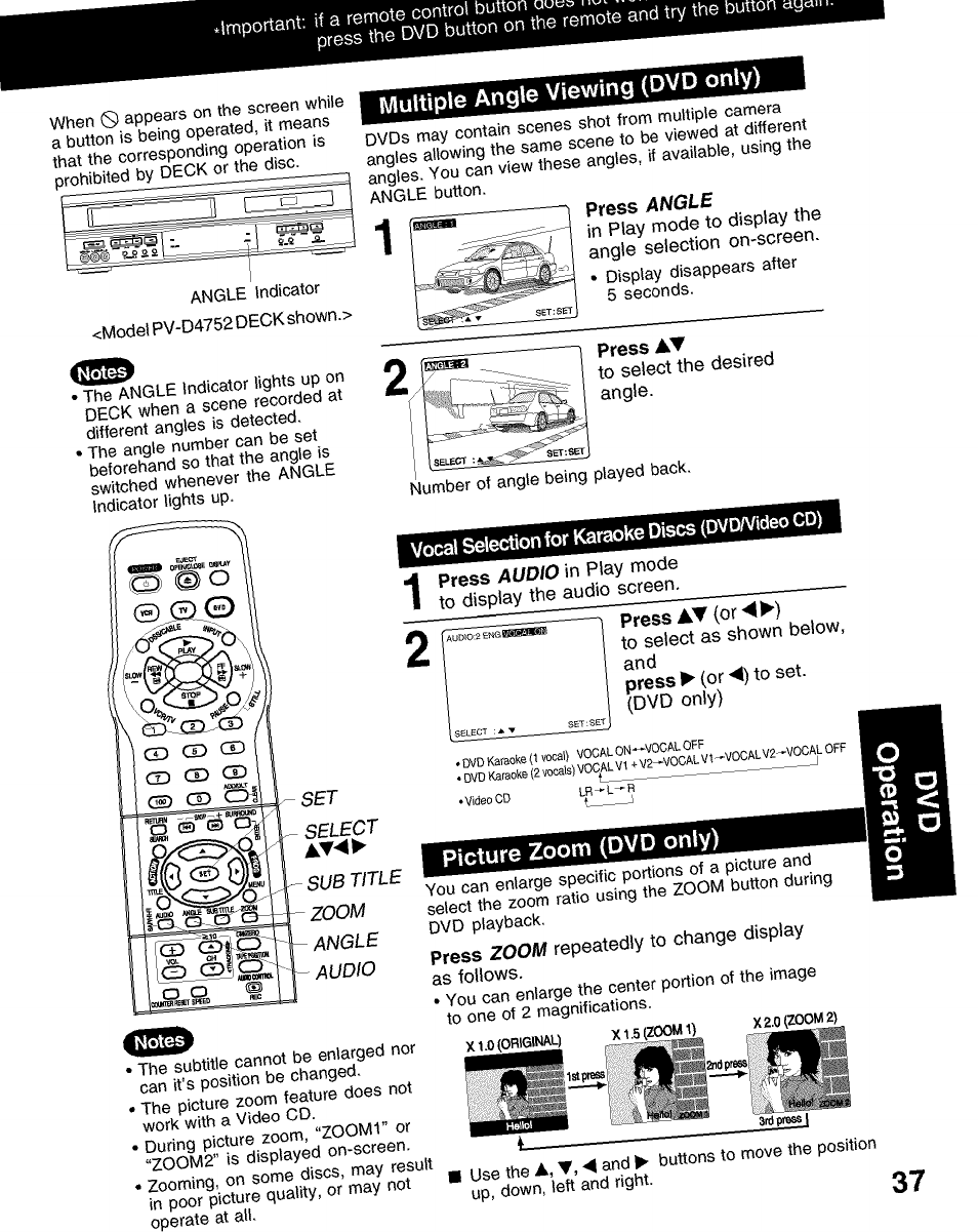 Select sub title zoom, Zoom (dvd only) | Panasonic PV-D4752 User Manual | Page 37 / 60