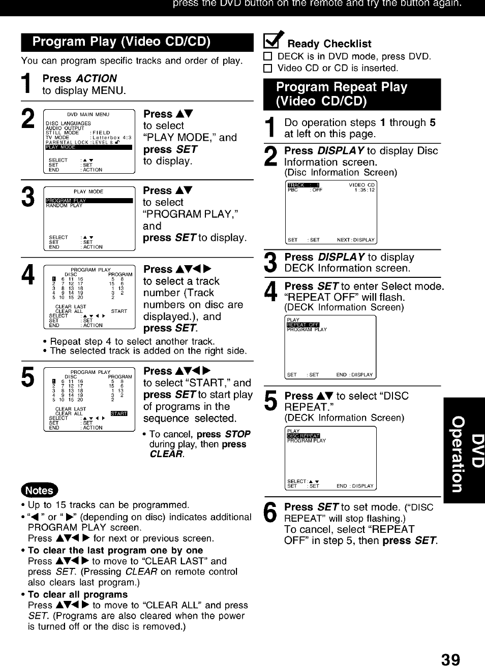 Program play (video cd/cd), Program repeat play (video cd/cd), Action | Stop, Clear, Displa y, Set to, Press, Press at to select “play mode,” and press, Press at to select “program play,” and press | Panasonic PV-D4752 User Manual | Page 39 / 60