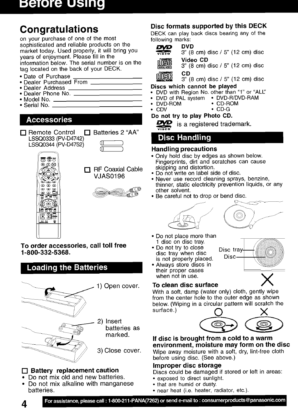 Congratulations, Derore using, Nflnsip cd | Panasonic PV-D4752 User Manual | Page 4 / 60