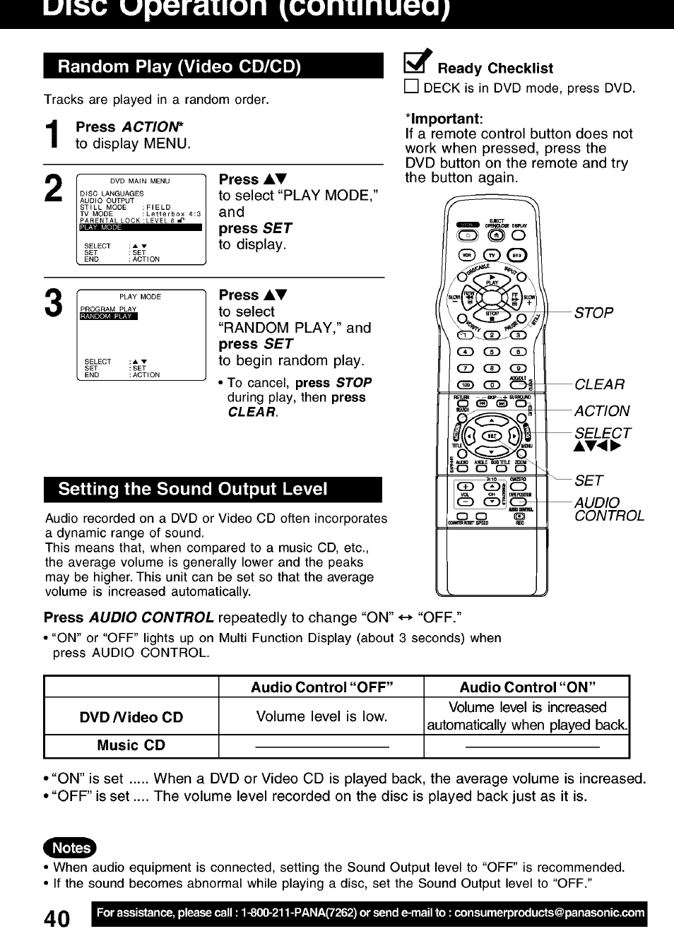 Random play (video cd/cd), Setting the sound output level, Uisc uperaiion ^conimuea | Action, Audio control, Stop clear action select, Set audio control | Panasonic PV-D4752 User Manual | Page 40 / 60