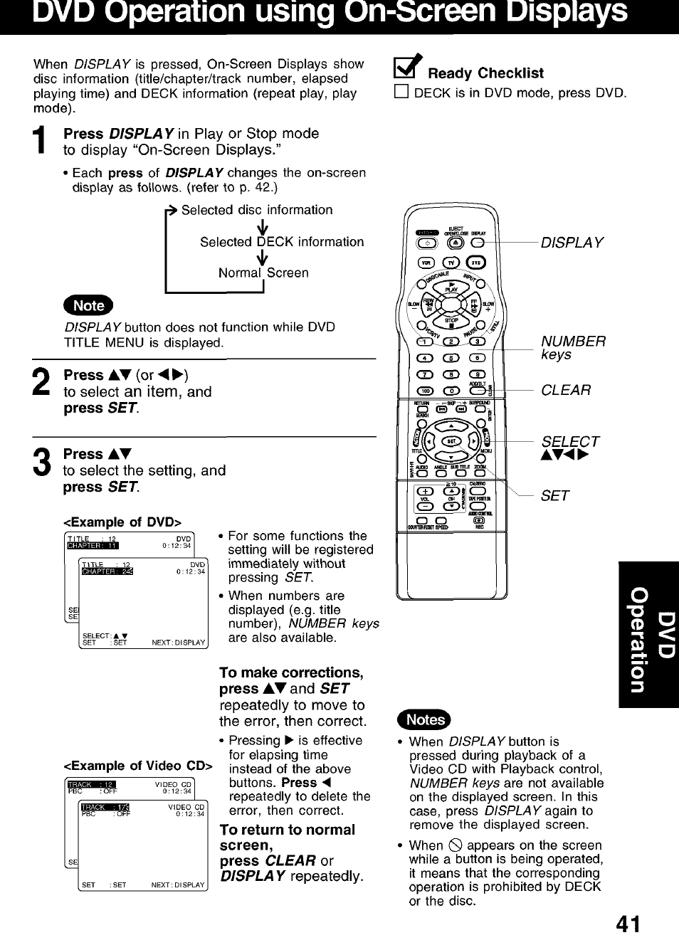 Dvd operation using on-screen displays 1, Display\n, Display number keys clear select | Clear, Display | Panasonic PV-D4752 User Manual | Page 41 / 60