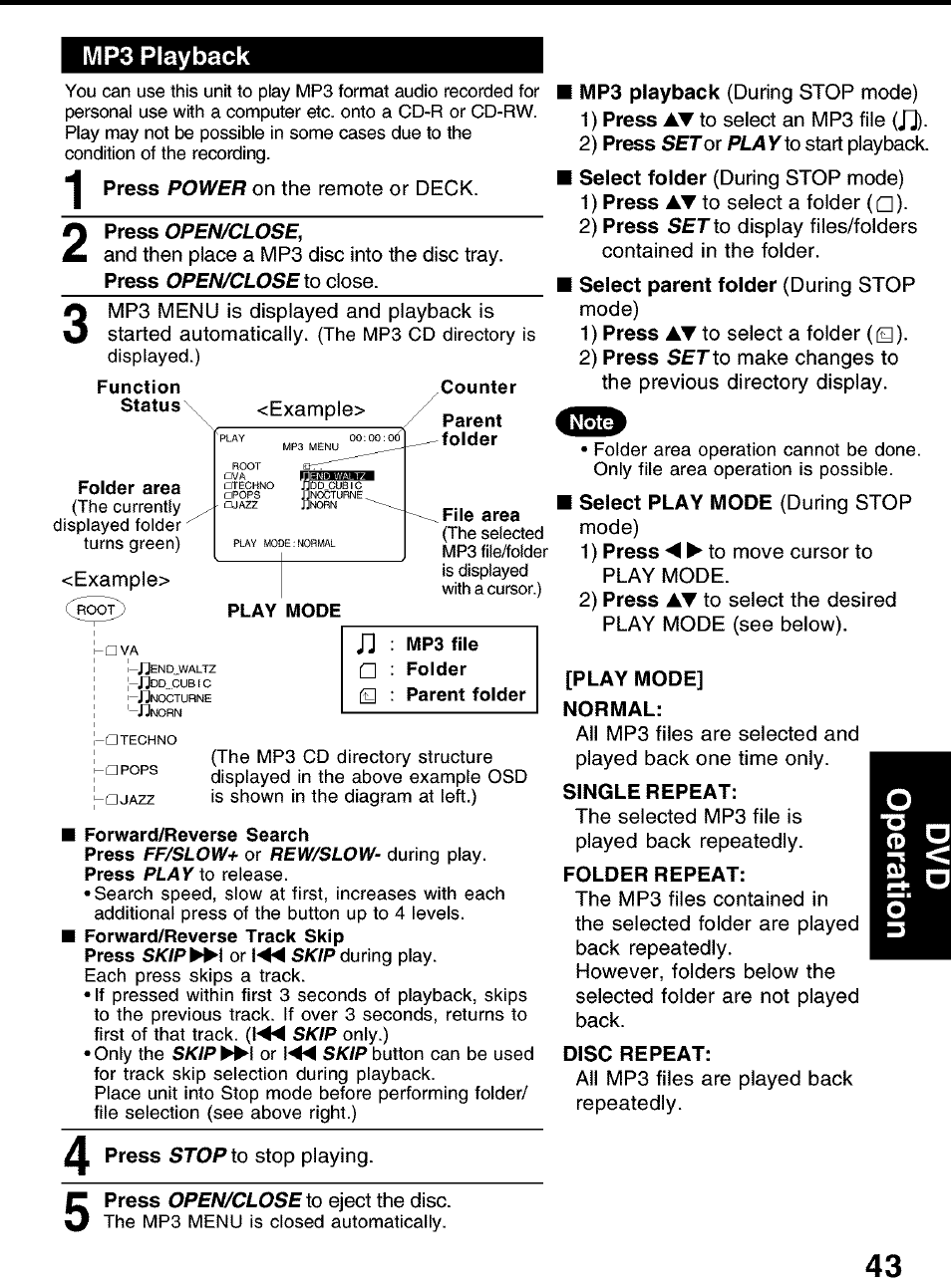 Mp3 playback, Power, Open/close | Pla y, Set to, Stop to | Panasonic PV-D4752 User Manual | Page 43 / 60