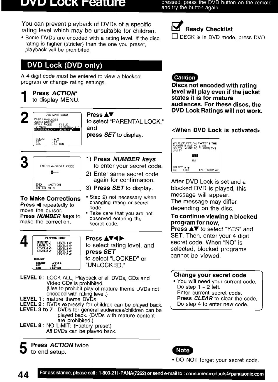 Dvd lock (dvd only), Ltv lt i_qck reaiure, Action | Number keys, 1^ i ready checklist, Press, 1) press, Fl3ü3w?1, Press at^ ► to select rating level, and press, 3 to 7 | Panasonic PV-D4752 User Manual | Page 44 / 60