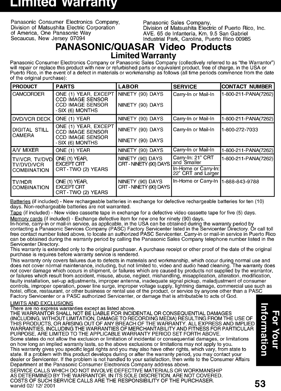 Panasonic/quasar video products, Limited warranty, I-imiiea warranty | Panasonic PV-D4752 User Manual | Page 53 / 60