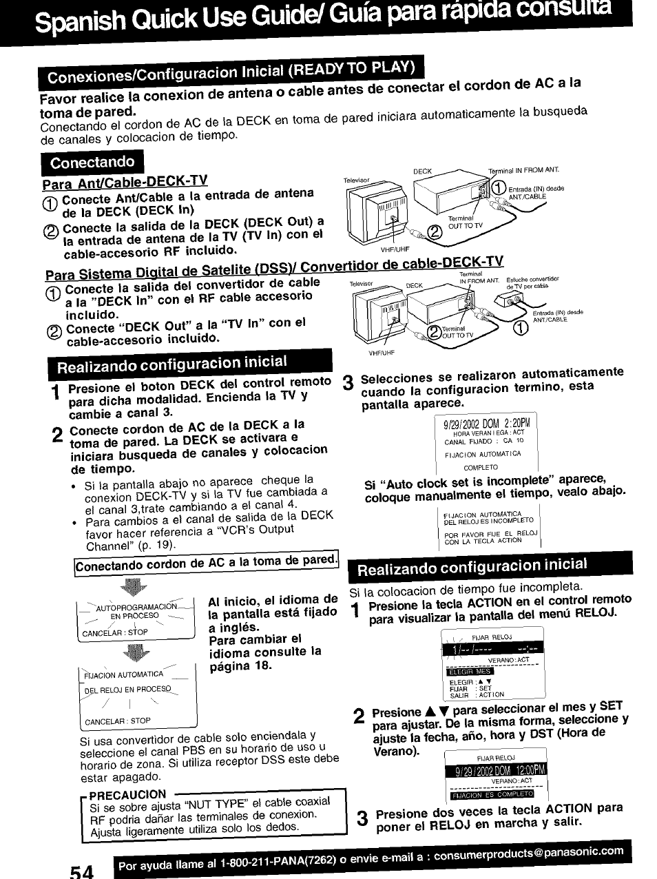 Spanish quick use guid^ guía para rapida consuna, Conectando, Realizando configuración inicial | 20pi, Para ant/r^ahln-deck-tv, Envie e | Panasonic PV-D4752 User Manual | Page 54 / 60