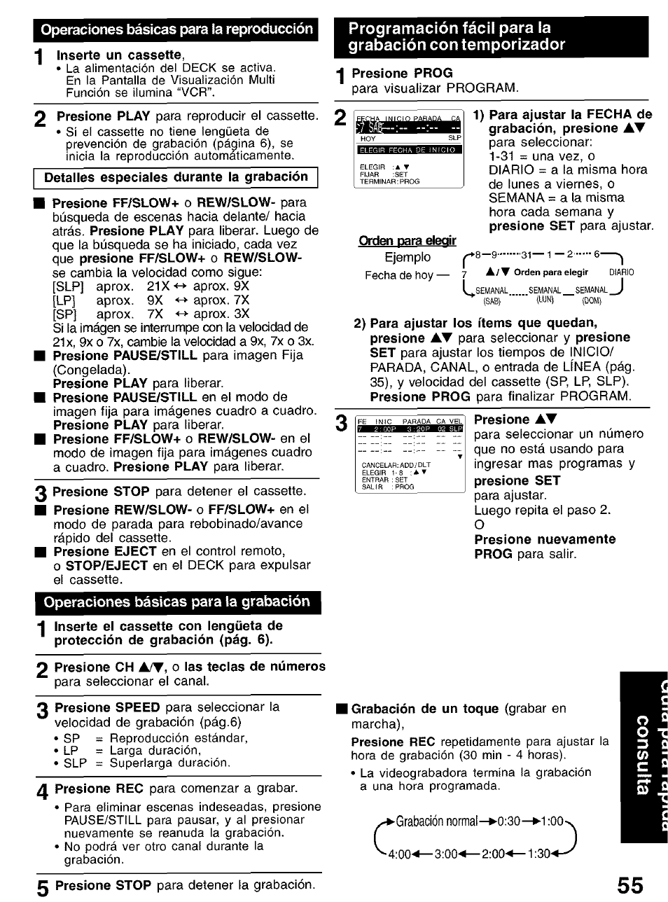 Operaciones básicas para la reproducción 1, Operaciones básicas para la grabación, Grabación normal-►0:30 | Panasonic PV-D4752 User Manual | Page 55 / 60