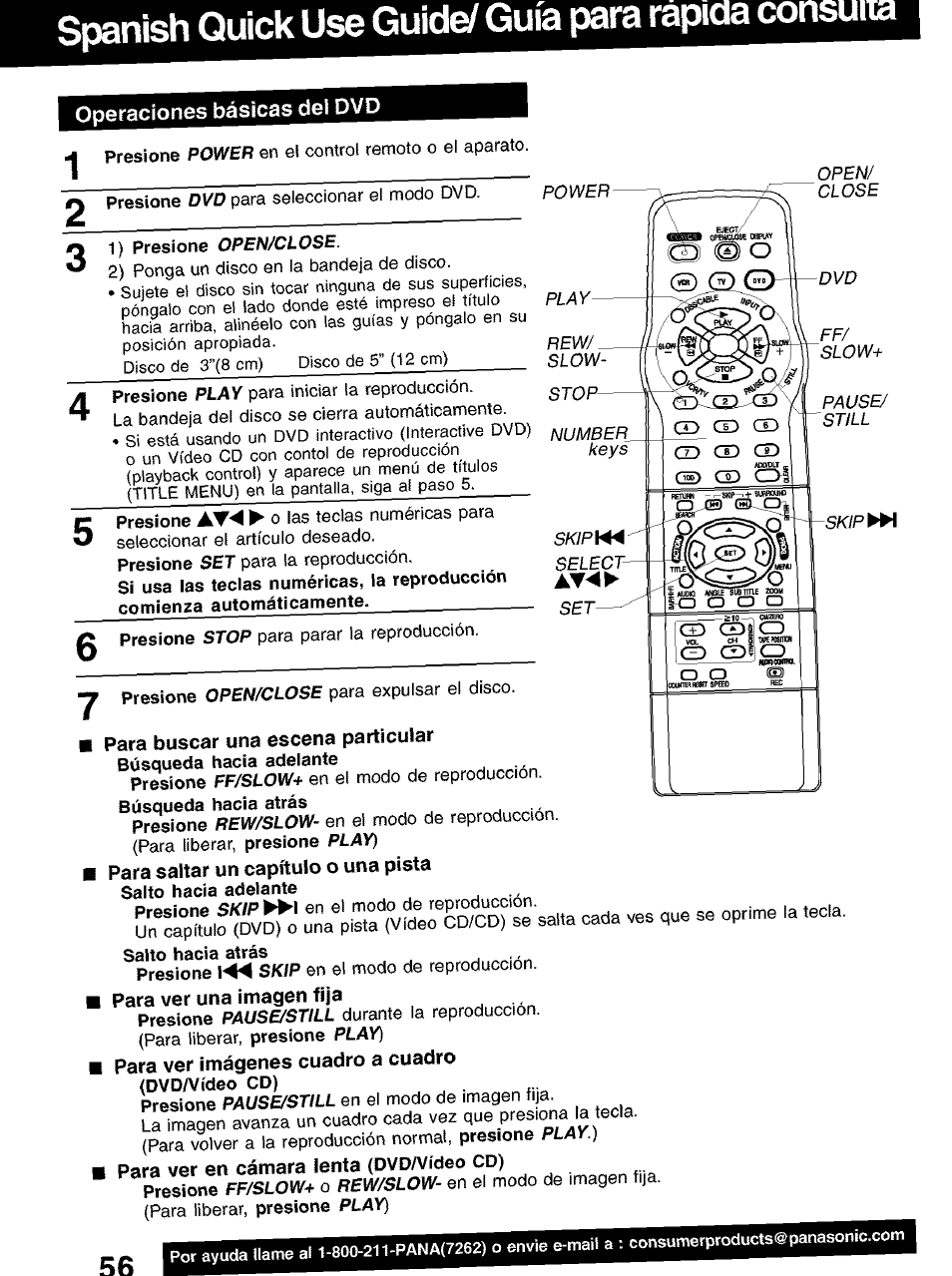 Operaciones básicas del dvd, Spanish quick use guid^ guía para rapida consuira, Para buscar una escena particular | Para saltar un capítulo o una pista, Para ver una imagen fija, Para ver imágenes cuadro a cuadro | Panasonic PV-D4752 User Manual | Page 56 / 60