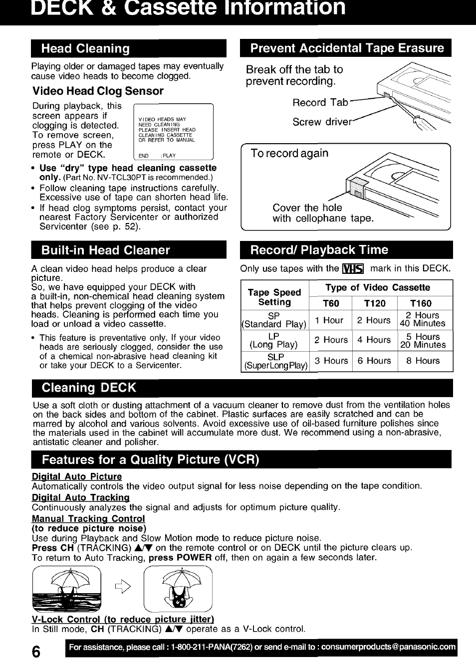 Video head clog sensor, Prevent accidental tape erasure, Built-in head cleaner | Record/ playback time, Cleaning deck, Features for a quality picture (vcr), Deck & cassette information, Head cleaning | Panasonic PV-D4752 User Manual | Page 6 / 60