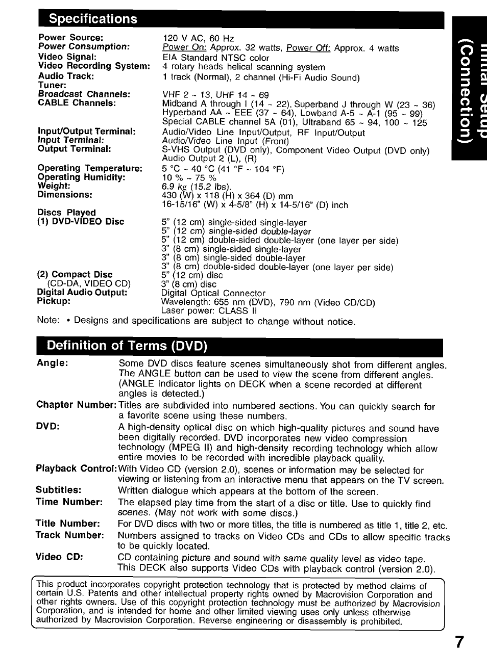 Specifications, Definition of terms (dvd) | Panasonic PV-D4752 User Manual | Page 7 / 60