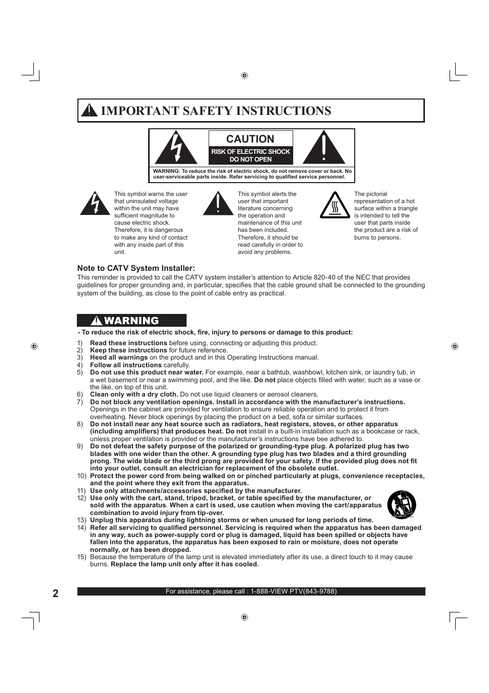 Getting started, Important safety instructions, Caution | Warning | Panasonic PT-60LC13 User Manual | Page 2 / 80