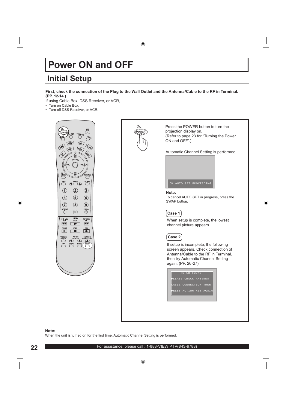 Basic operation, Power on and off, Initial setup | Panasonic PT-60LC13 User Manual | Page 22 / 80