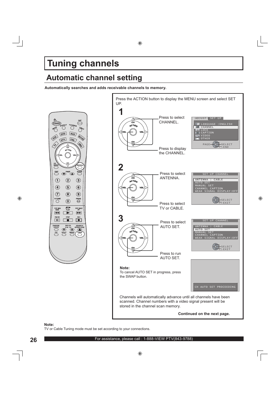 Tuning channels, Automatic channel setting | Panasonic PT-60LC13 User Manual | Page 26 / 80