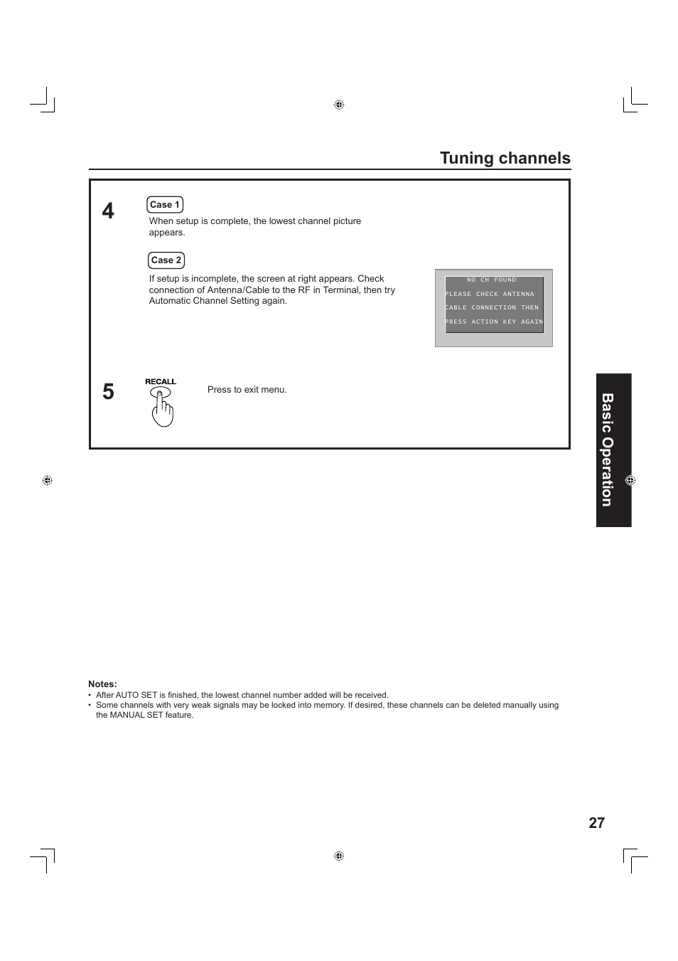 Tuning channels, 27 basic operation | Panasonic PT-60LC13 User Manual | Page 27 / 80