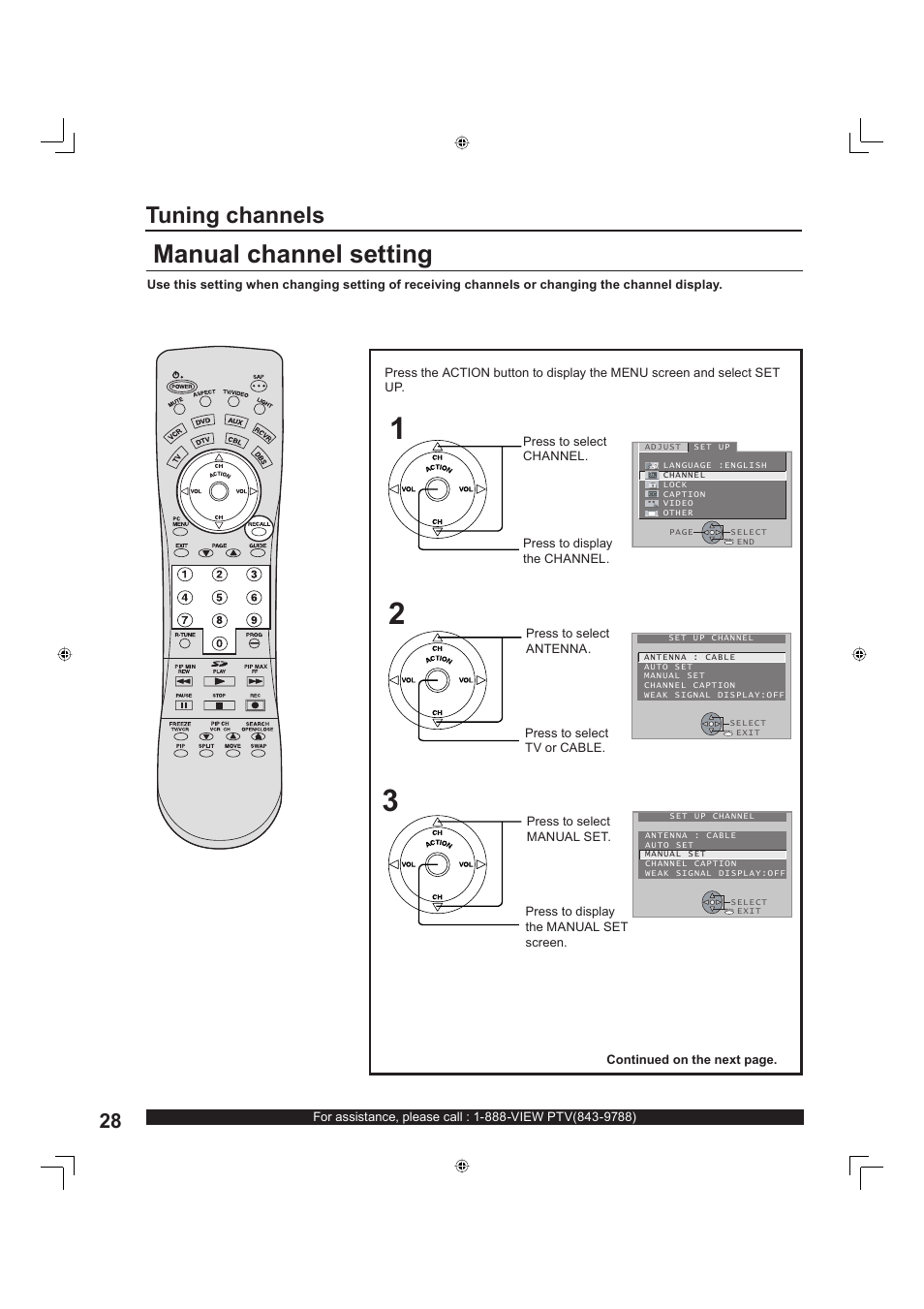 Manual channel setting, Tuning channels | Panasonic PT-60LC13 User Manual | Page 28 / 80