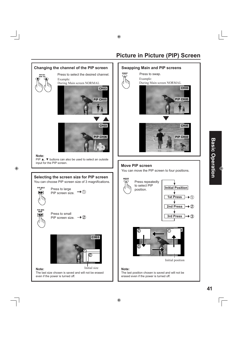 Picture in pic ture (pip) screen, 41 basic operation | Panasonic PT-60LC13 User Manual | Page 41 / 80