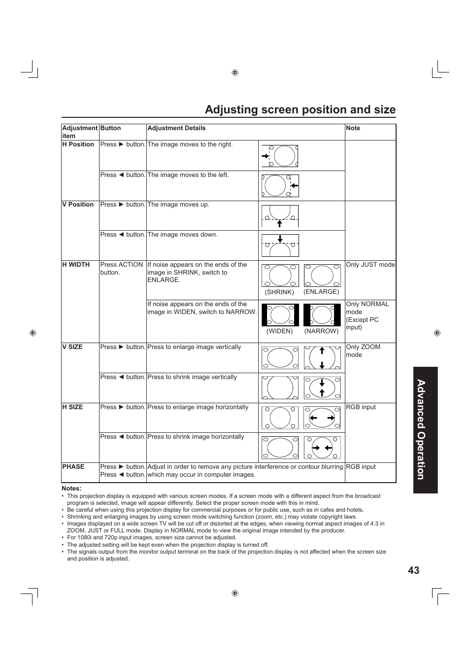 Adjusting screen position and size, 43 advanced op er a tion | Panasonic PT-60LC13 User Manual | Page 43 / 80