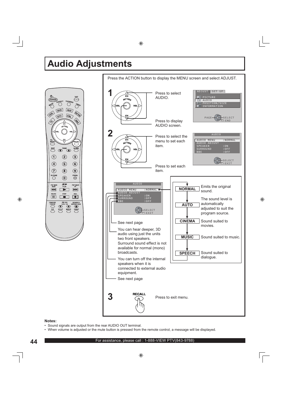 Audio adjustments, Audio ad just ments | Panasonic PT-60LC13 User Manual | Page 44 / 80