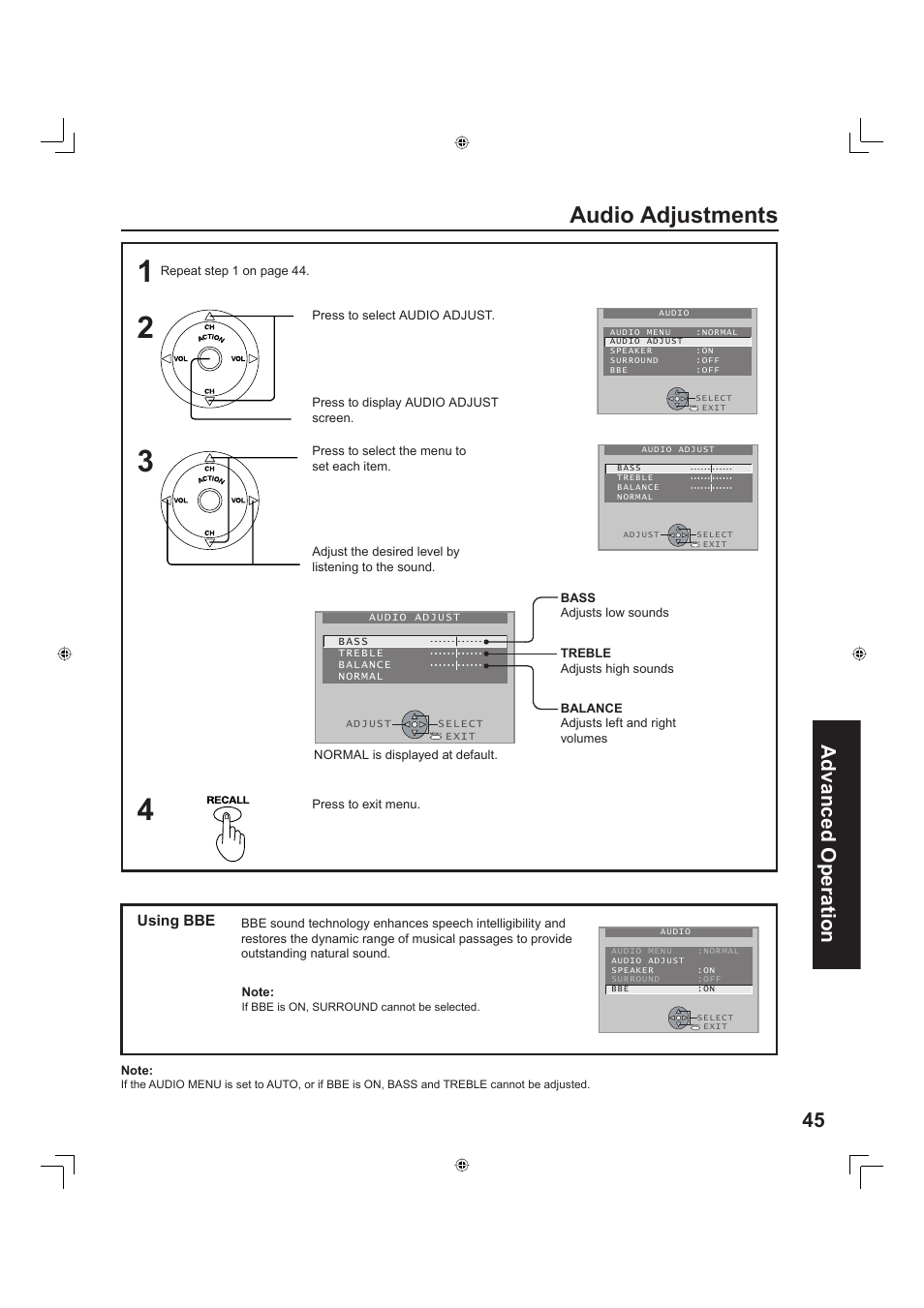 Audio adjustments, 45 advanced op er a tion | Panasonic PT-60LC13 User Manual | Page 45 / 80