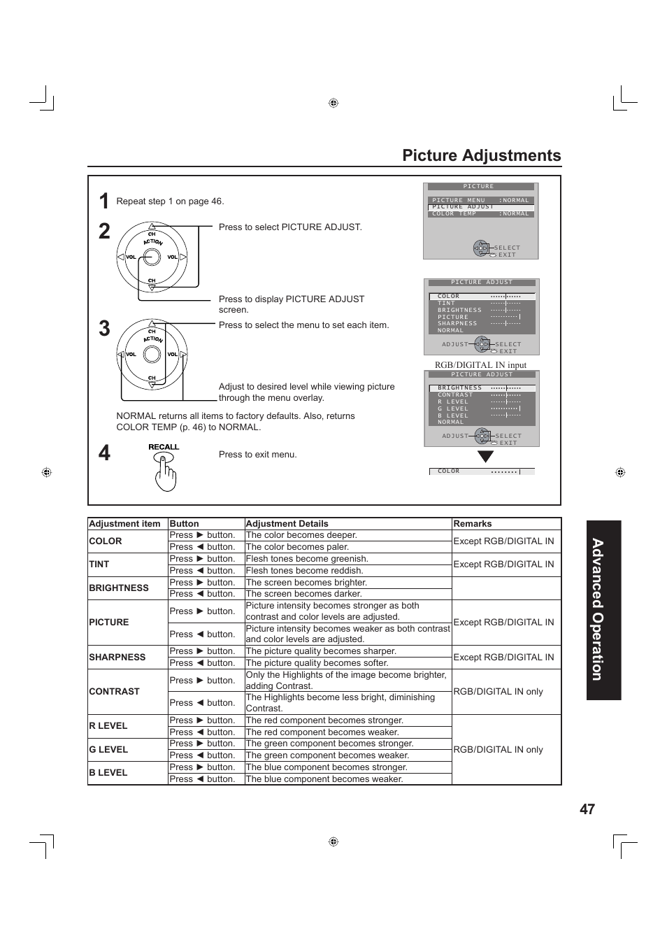 Picture adjustments, 47 advanced op er a tion | Panasonic PT-60LC13 User Manual | Page 47 / 80