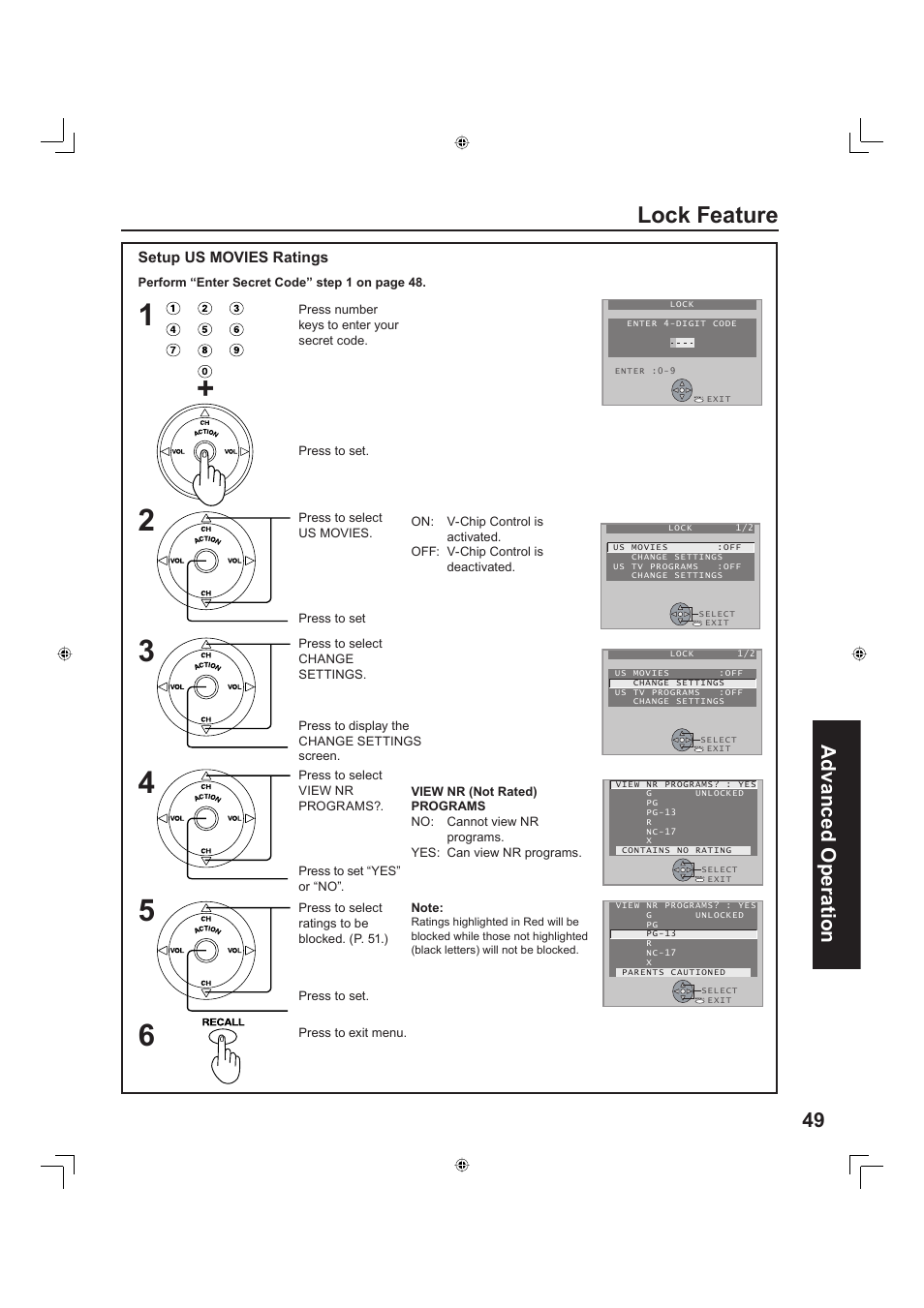 Lock feature, 49 advanced op er a tion | Panasonic PT-60LC13 User Manual | Page 49 / 80