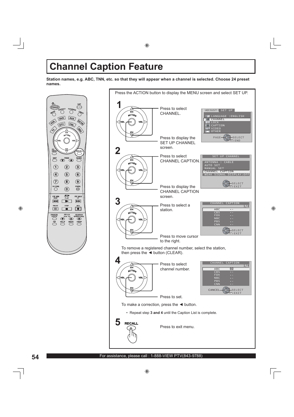 Channel caption feature | Panasonic PT-60LC13 User Manual | Page 54 / 80