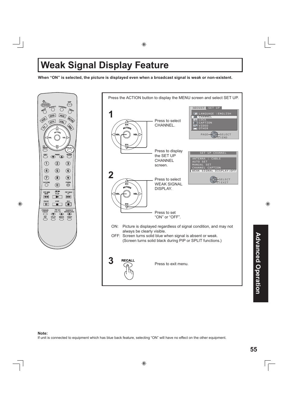 Weak signal display feature, 55 advanced op er a tion | Panasonic PT-60LC13 User Manual | Page 55 / 80