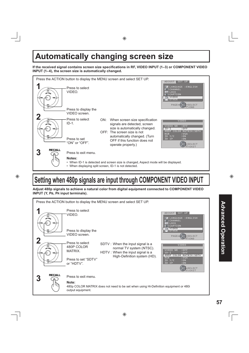 Automatically changing screen size, 3automatically changing screen size, 57 advanced op er a tion | Panasonic PT-60LC13 User Manual | Page 57 / 80