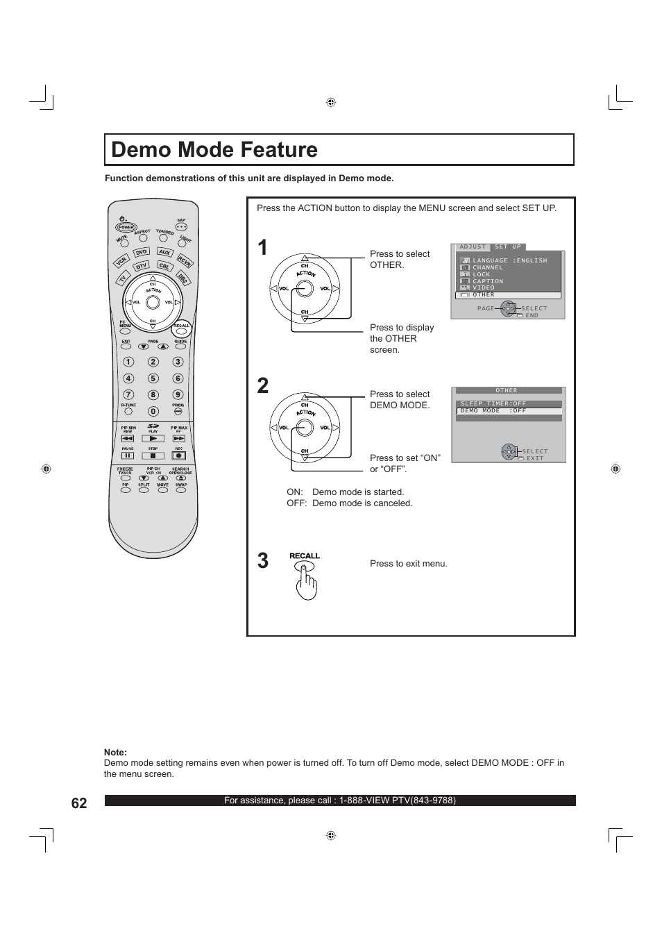 Demo mode feature, Demo mode feature 1 2 | Panasonic PT-60LC13 User Manual | Page 62 / 80