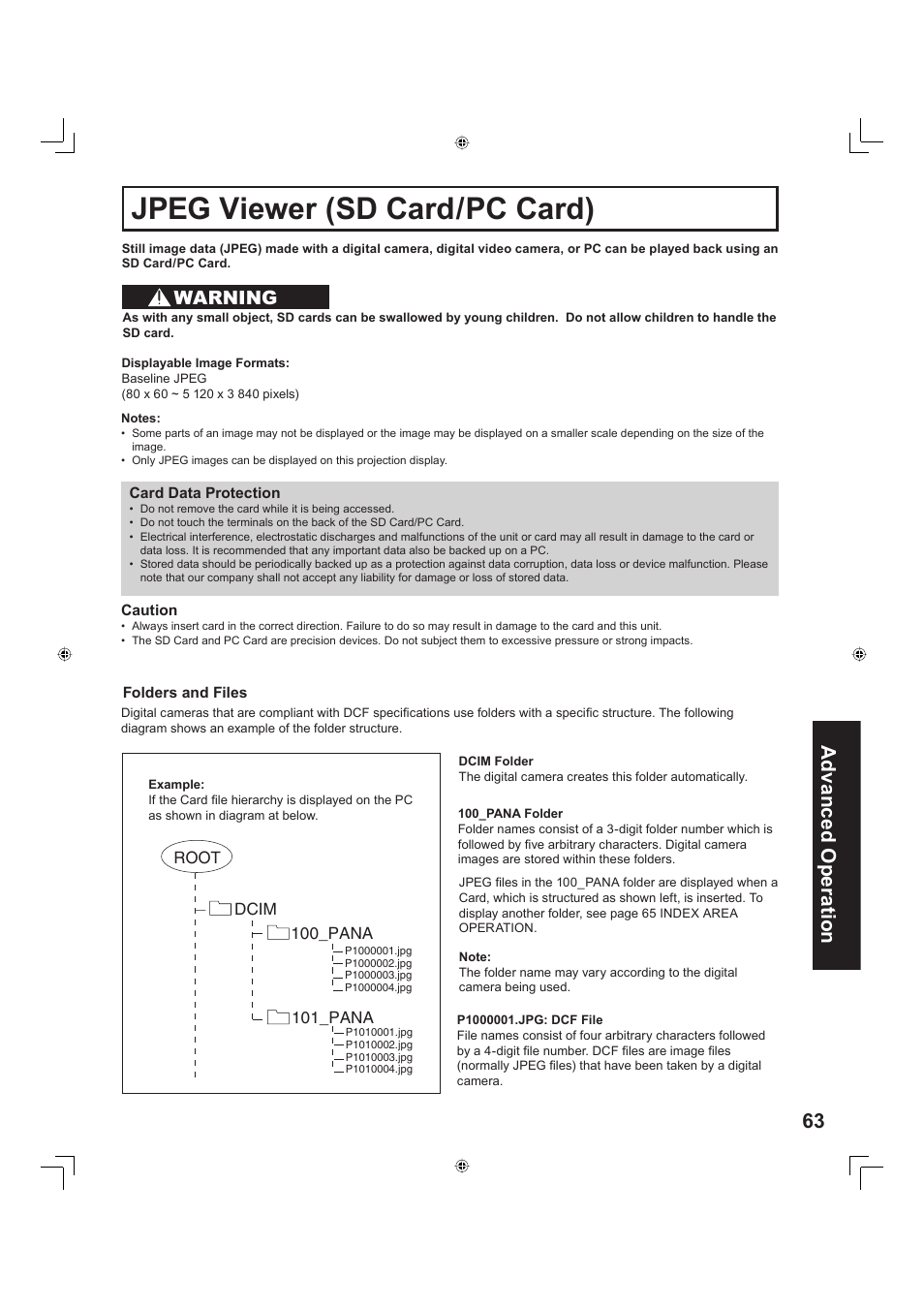 Jpeg viewer (sd card/pc card), 63 advanced op er a tion, Warning | Panasonic PT-60LC13 User Manual | Page 63 / 80