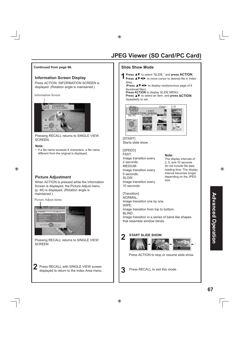 Jpeg viewer (sd card/pc card), 67 advanced op er a tion | Panasonic PT-60LC13 User Manual | Page 67 / 80