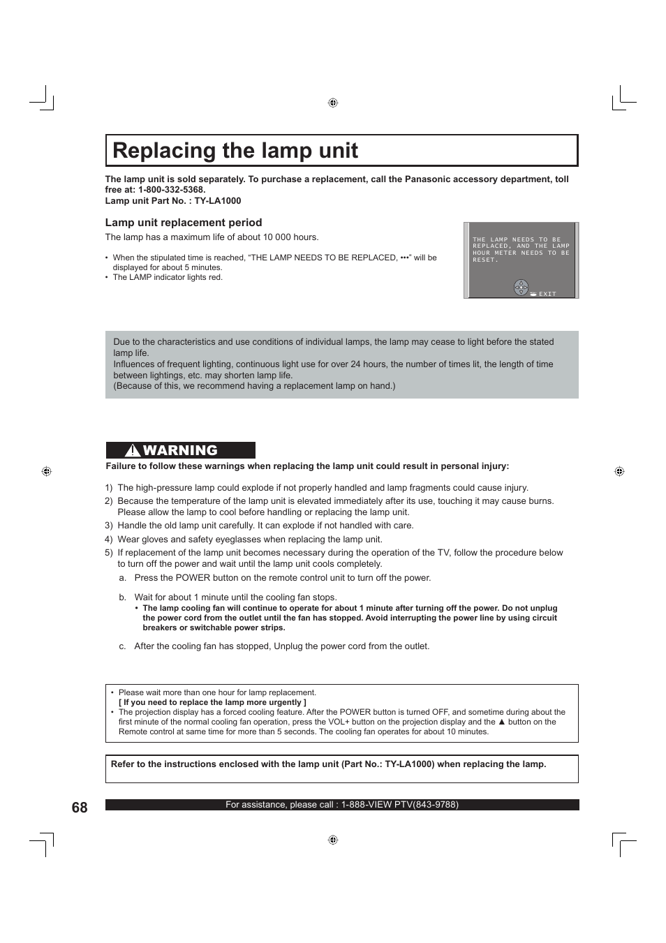 Information, Replacing the lamp unit, Warning | Panasonic PT-60LC13 User Manual | Page 68 / 80