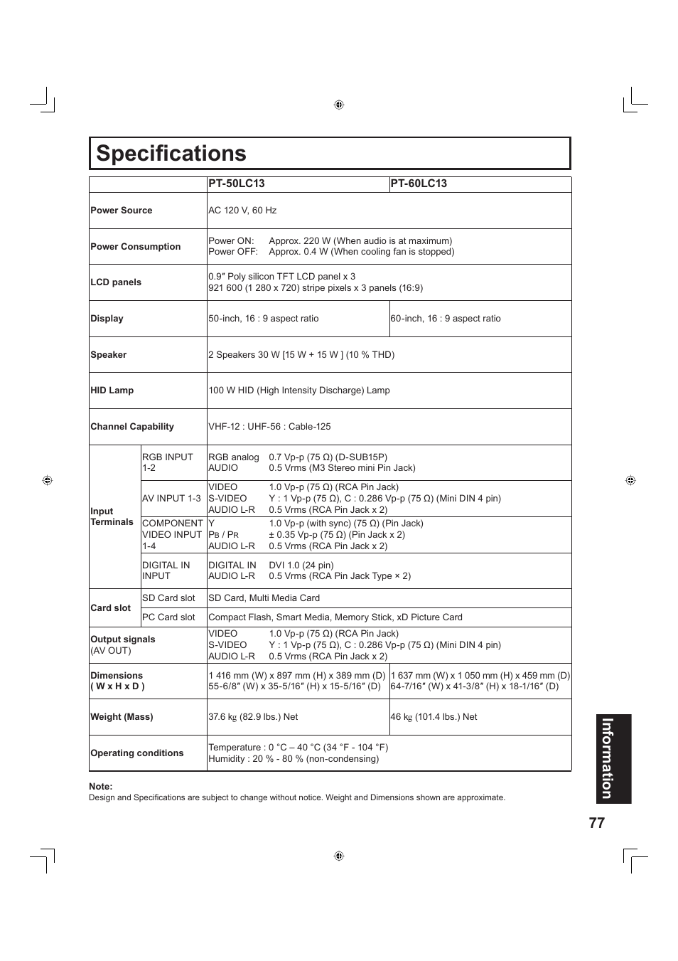 Specifications, Spec i fi ca tions, 77 information | Panasonic PT-60LC13 User Manual | Page 77 / 80