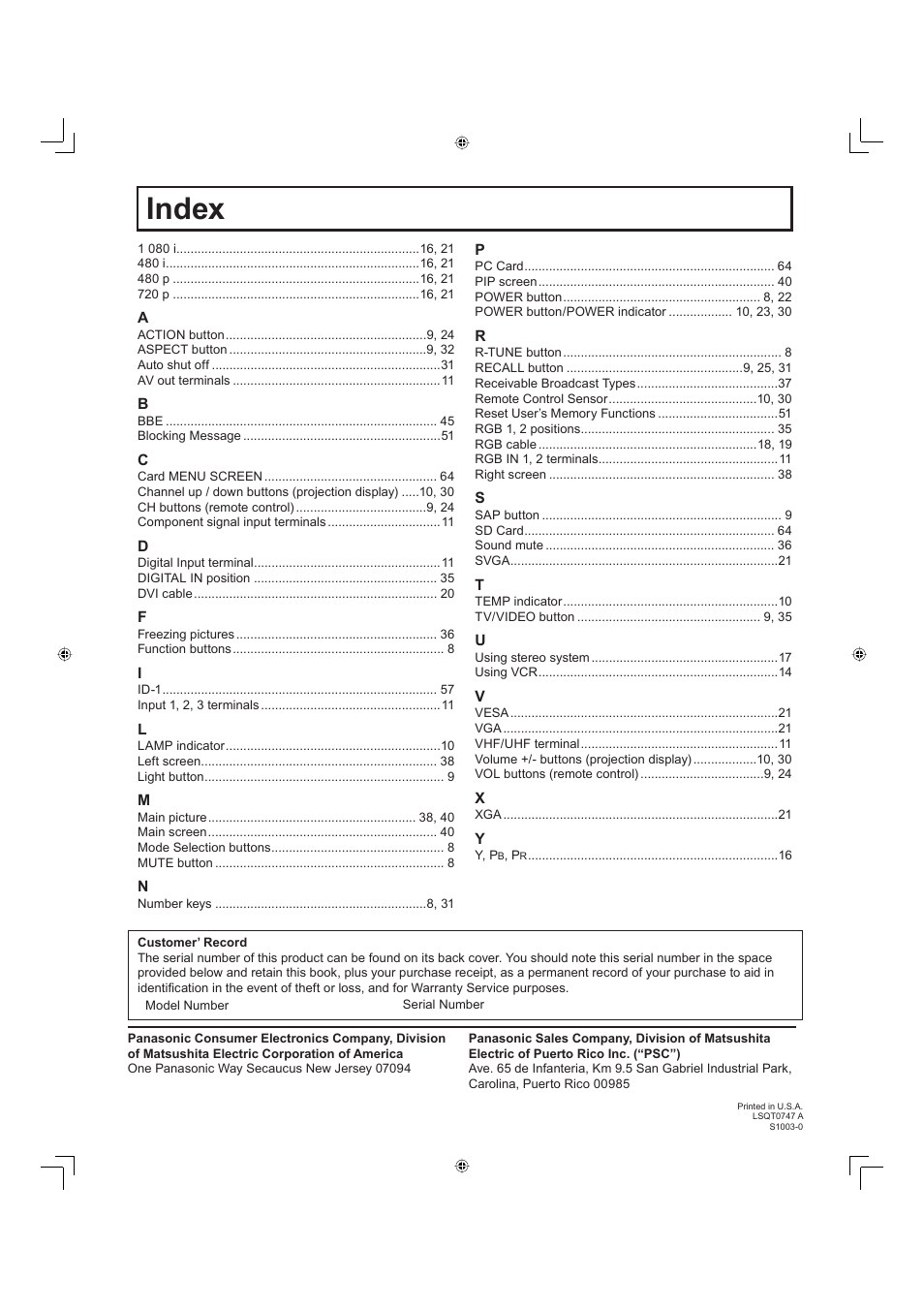 Index | Panasonic PT-60LC13 User Manual | Page 80 / 80