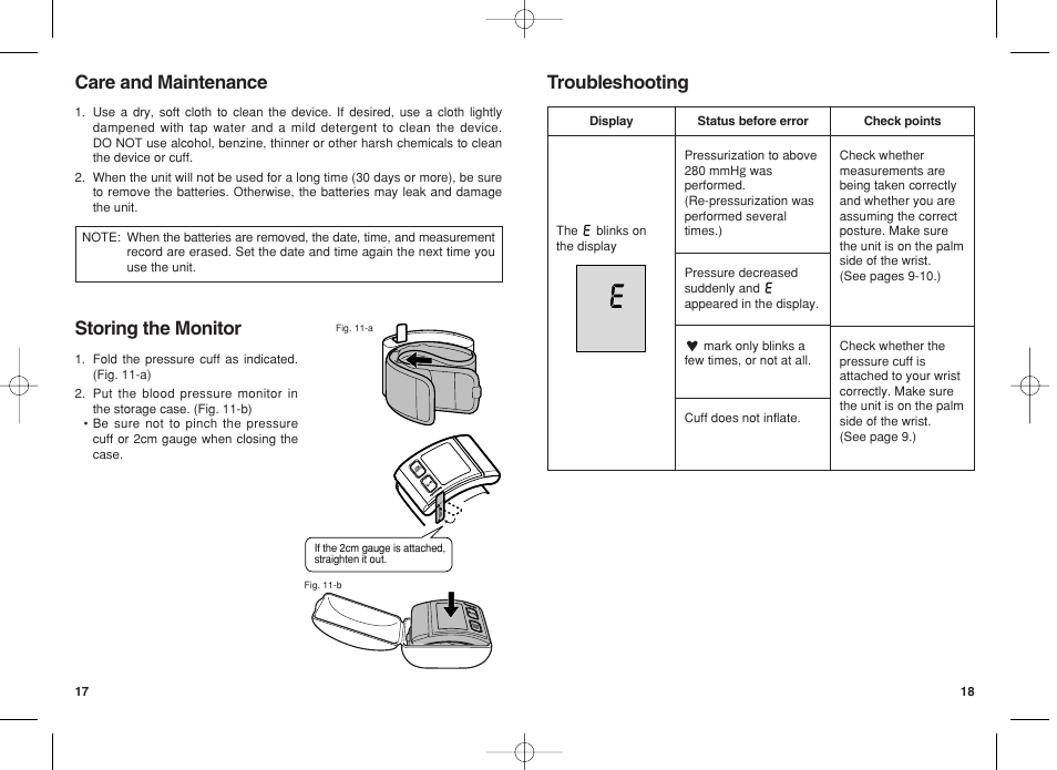 Care and maintenance, Storing the monitor, Troubleshooting | Panasonic EW3003 User Manual | Page 10 / 11