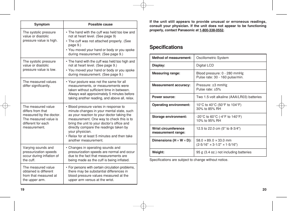 Specifications | Panasonic EW3003 User Manual | Page 11 / 11