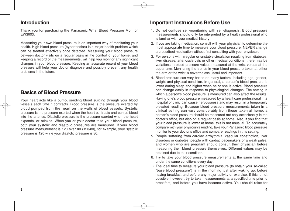 Introduction, Basics of blood pressure, Important instructions before use | Panasonic EW3003 User Manual | Page 3 / 11