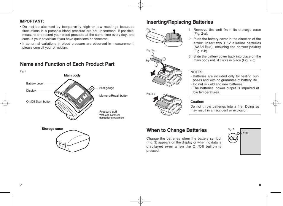 Name and functin of each product part, Inserting/replacing battteries, When to change batteries | Name and function of each product part, Inserting/replacing batteries | Panasonic EW3003 User Manual | Page 5 / 11