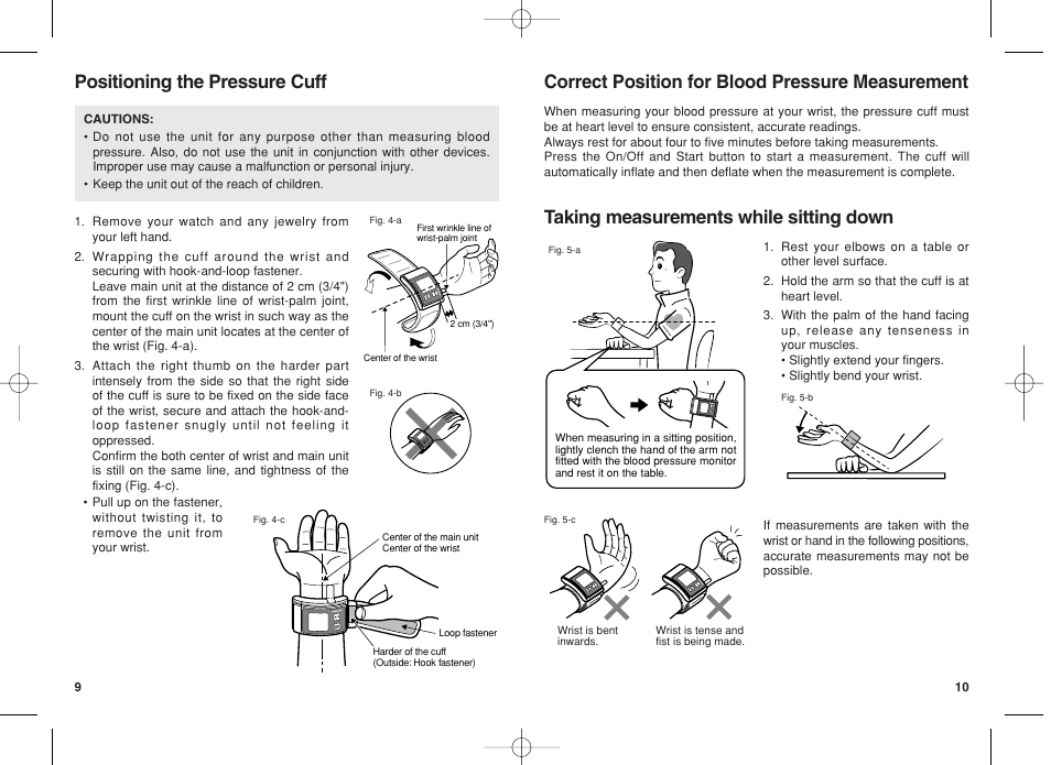 Positioning the pressure cuff, Correct position for blood pressure measurement, Taking measurements while sitting down | Panasonic EW3003 User Manual | Page 6 / 11